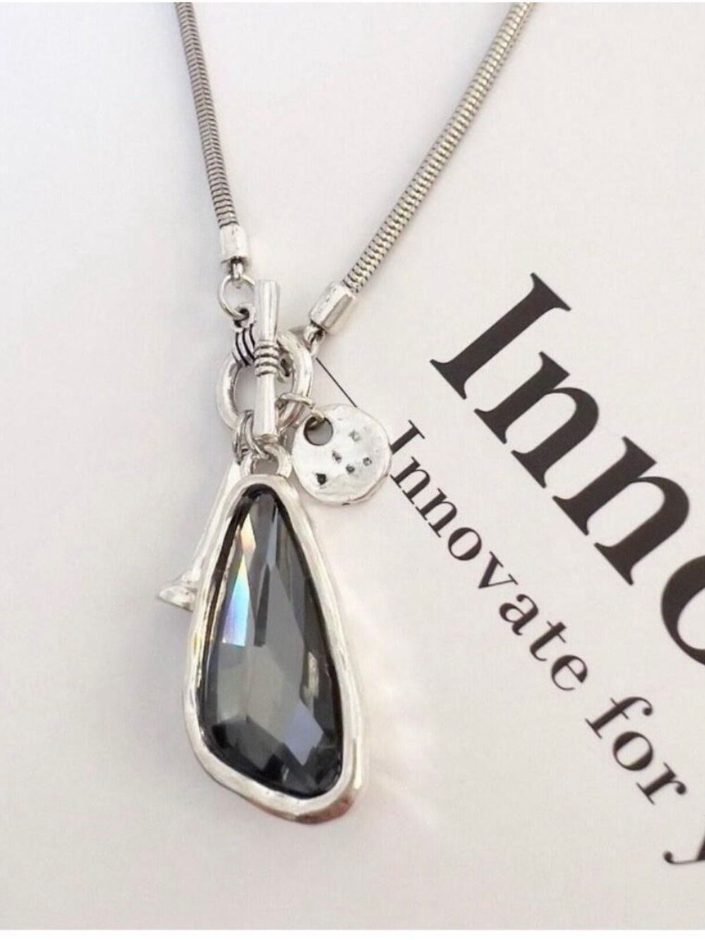 Silver 36" Long Faced Cristal long Sweater Necklace Black WomensJewelry
